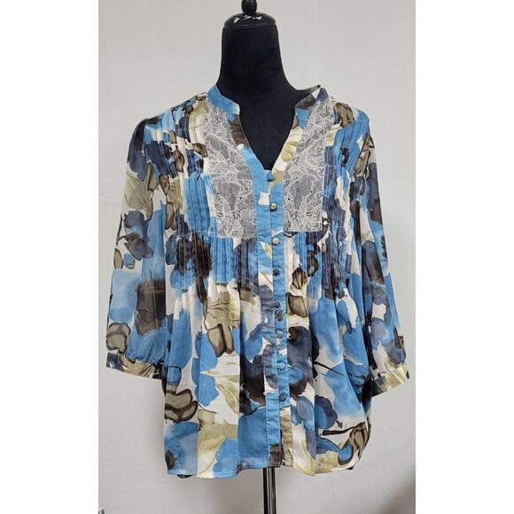 cj banks Women's Blouse Multi Colored  Button Down, 3/4 Sleeve, Covered buttons - Picture 1 of 5